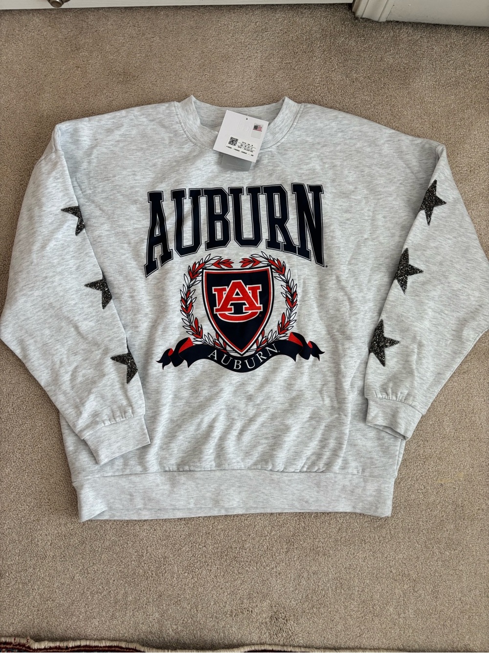 Auburn Logo Gray Crewneck Sweatshirt with Star Sleeve Accents